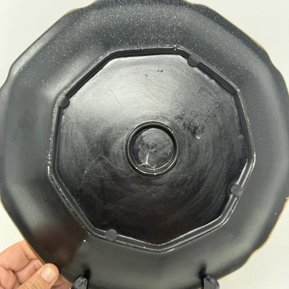 Vintage Rooster Decorative Display Plate Black Gold Scalloped Edge 12 Inch Stand